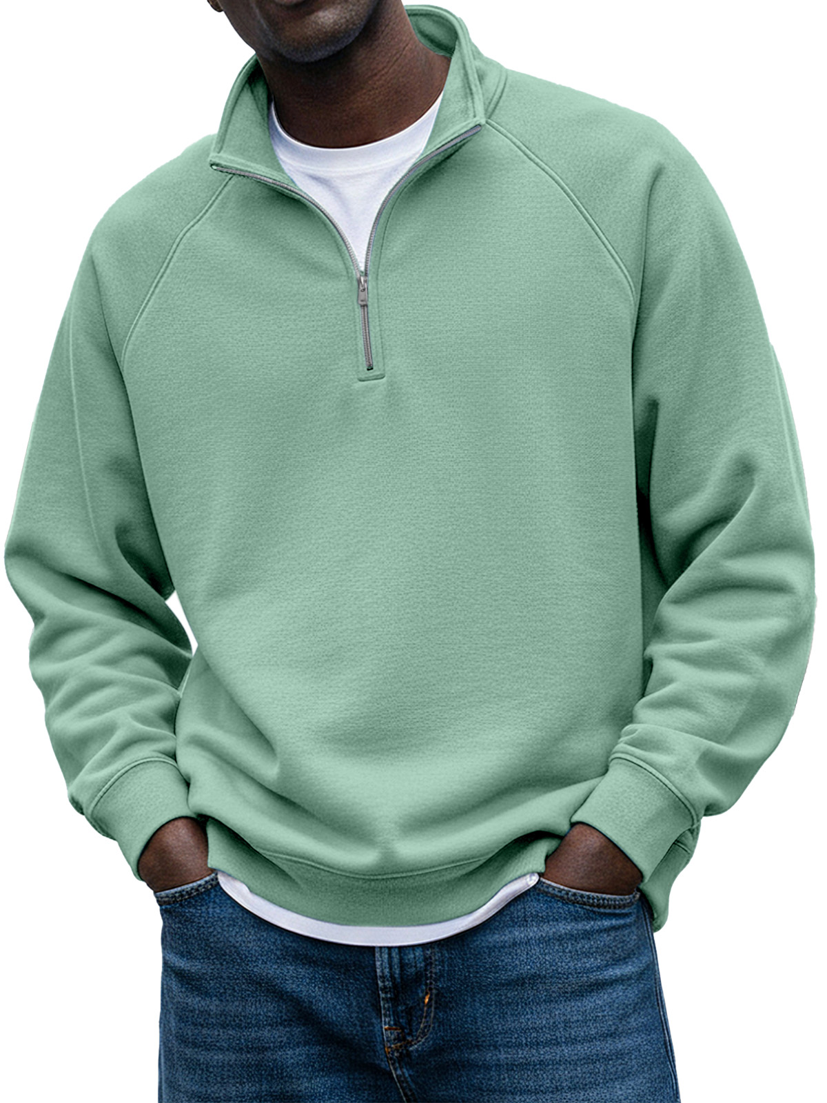 Men's Simple Solid Color Stand Collar Zipper Raglan Sleeve Design Sweatshirt
