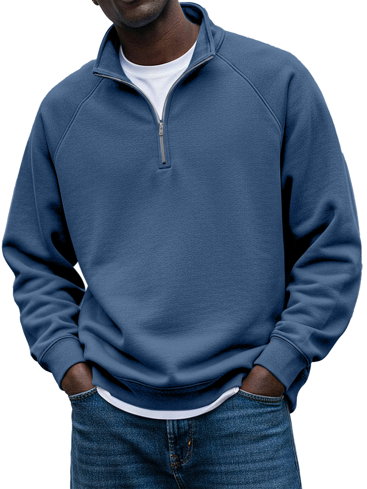 Men's Simple Solid Color Stand Collar Zipper Raglan Sleeve Design Sweatshirt