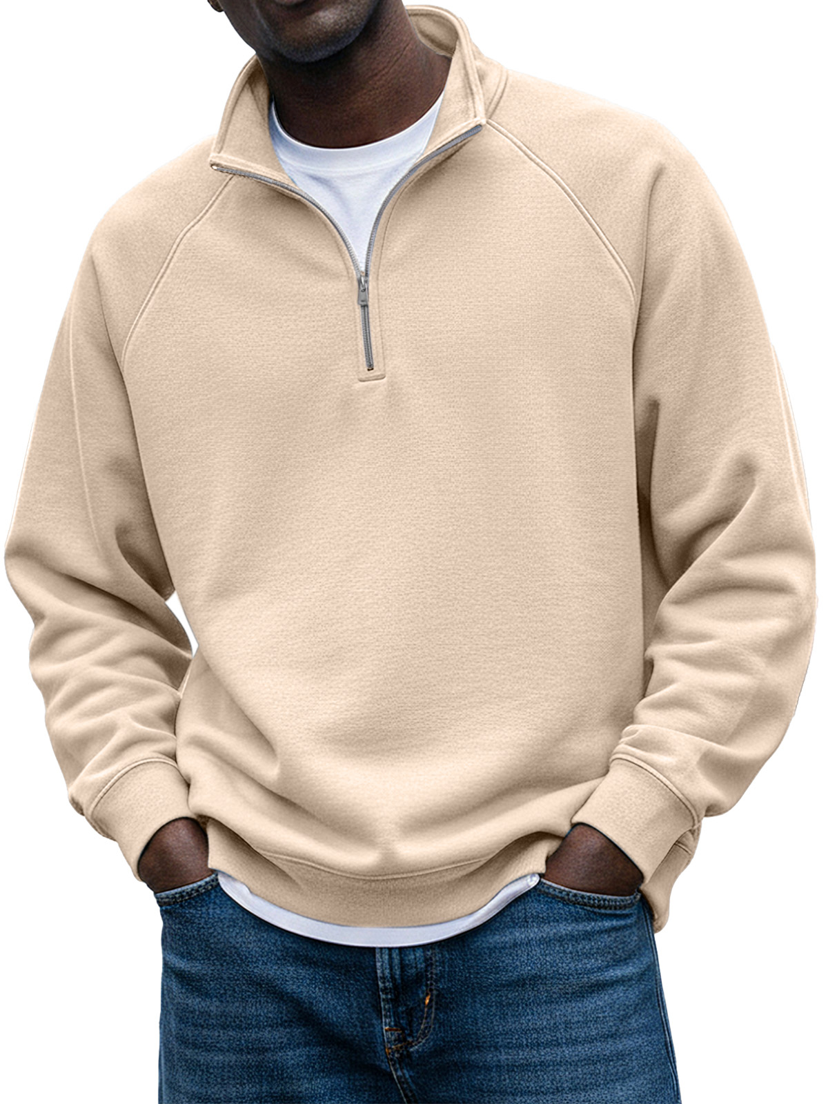 Men's Simple Solid Color Stand Collar Zipper Raglan Sleeve Design Sweatshirt