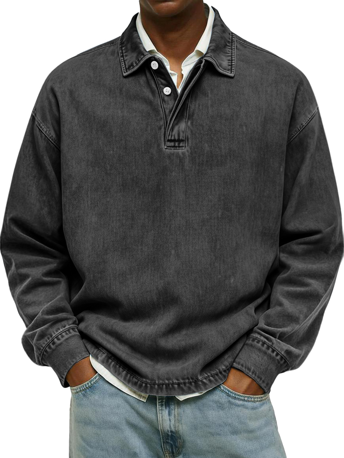 Men's Retro Collar Button Casual Long-Sleeve Polo Shirt