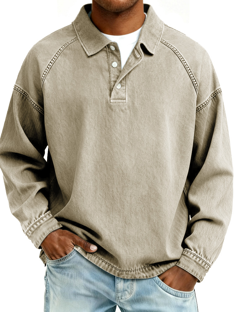Men's Retro Fashion Distressed Raglan Sleeve Lapel Long-Sleeve Polo Shirt