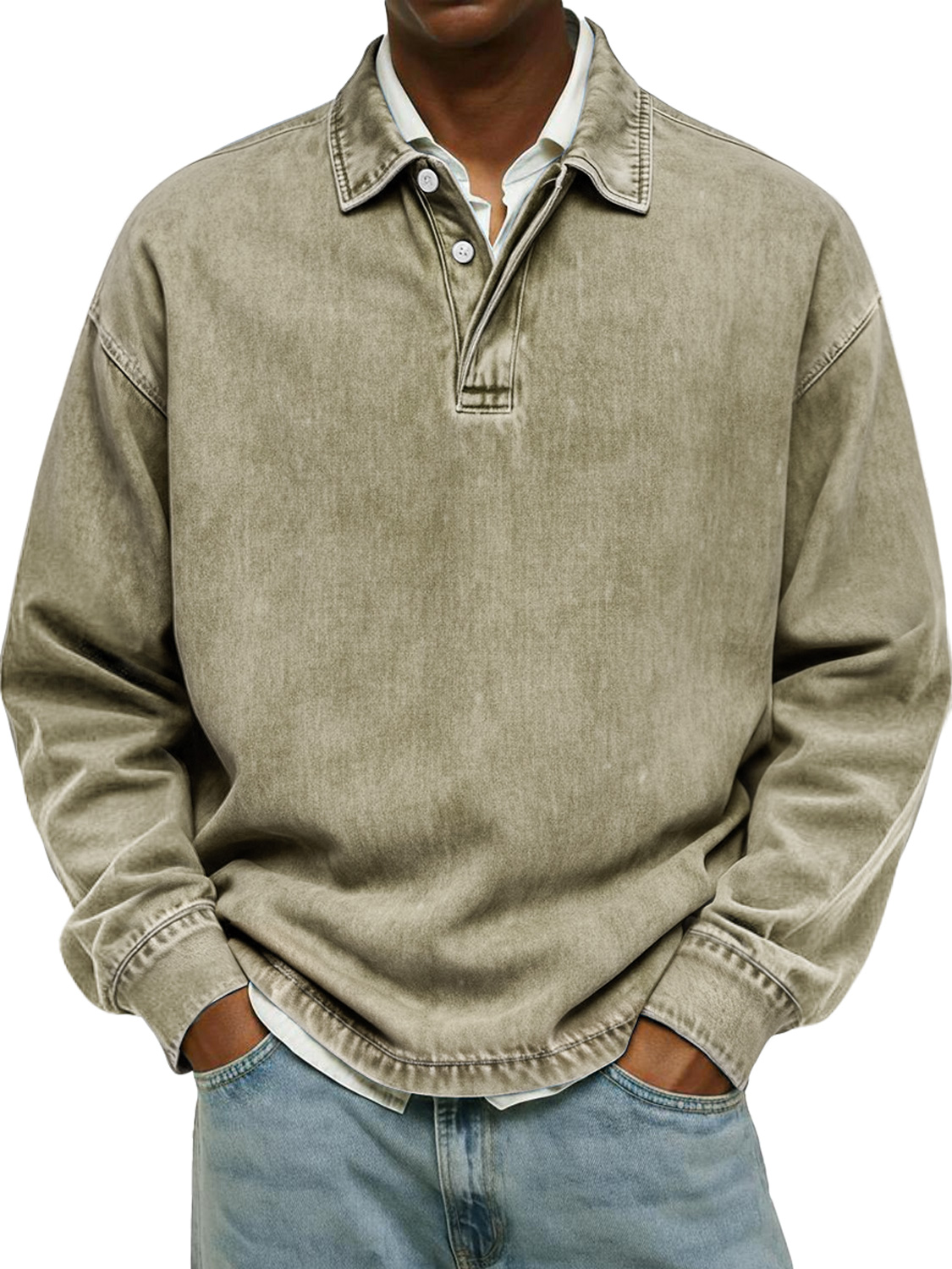 Men's Retro Collar Button Casual Long-Sleeve Polo Shirt