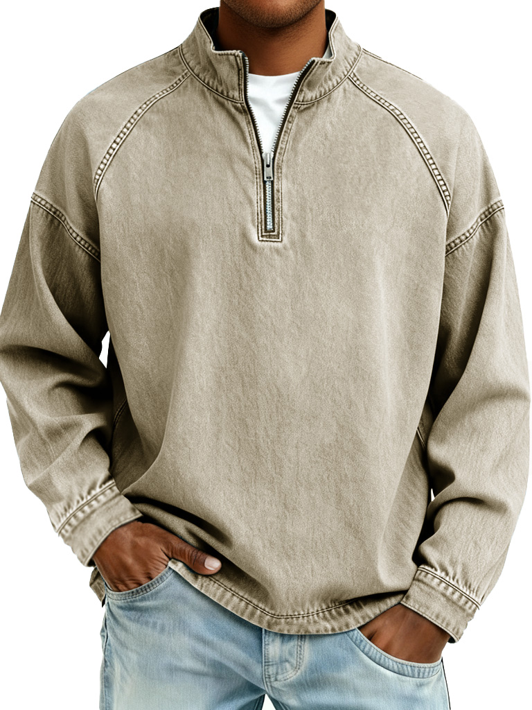 Men's Retro Fashion Distressed Raglan Sleeve Stand Collar Long-Sleeve Top