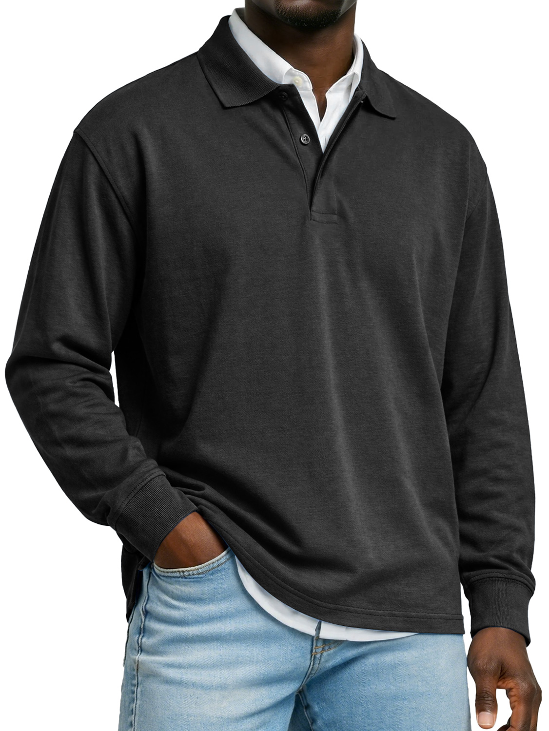 Men's Pure Cotton Long-sleeved Casual Polo Shirt With A Double-layered Placket And Collar Design