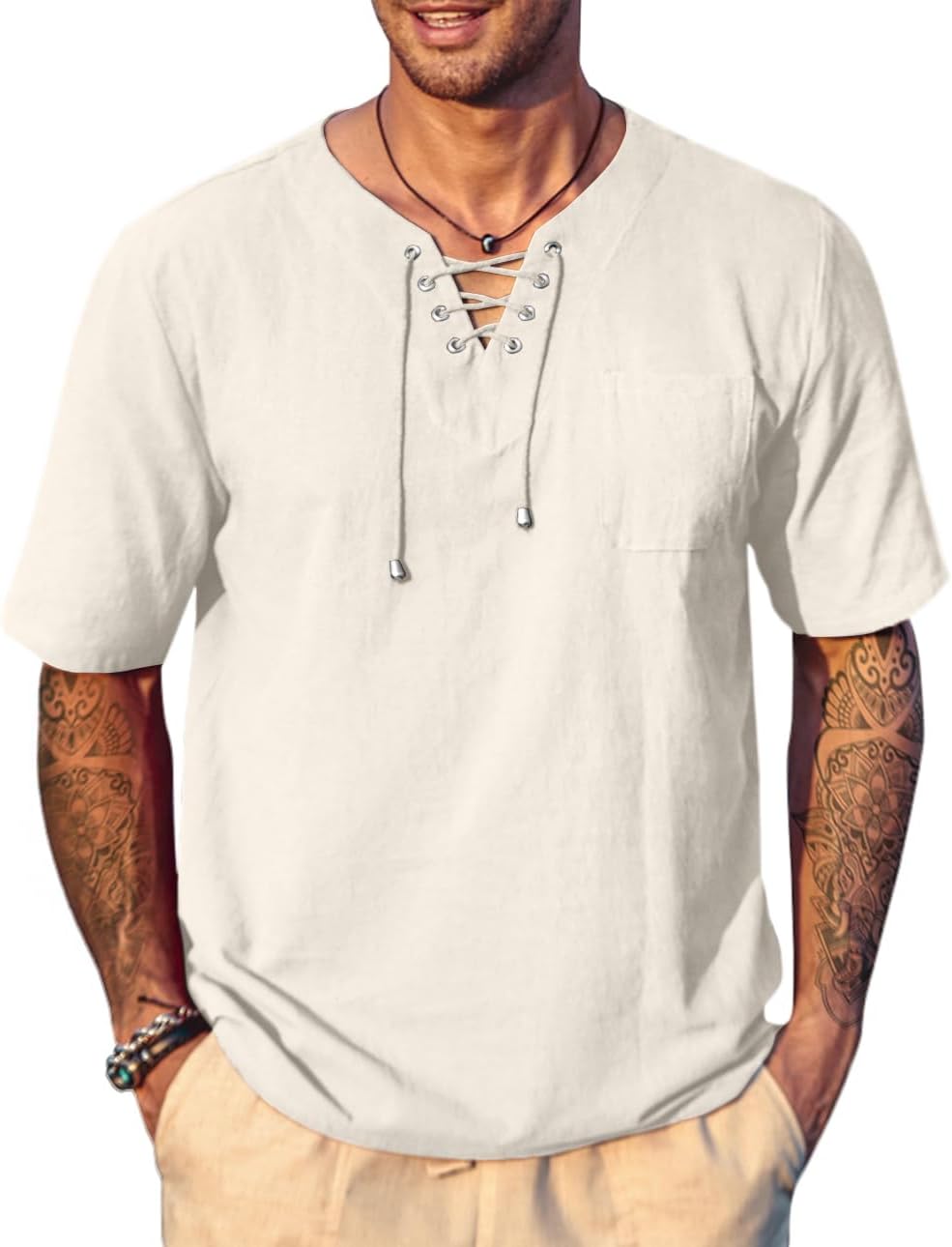 Men's Casual Cotton Linen Short Sleeve Beach Lace Up Hippie Shirt