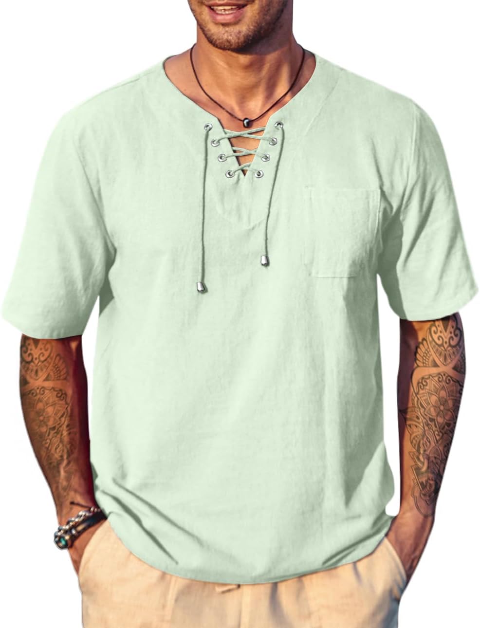 Men's Casual Cotton Linen Short Sleeve Beach Lace Up Hippie Shirt