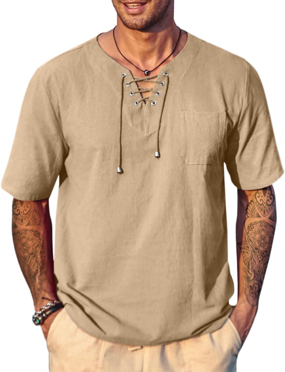 Men's Casual Cotton Linen Short Sleeve Beach Lace Up Hippie Shirt