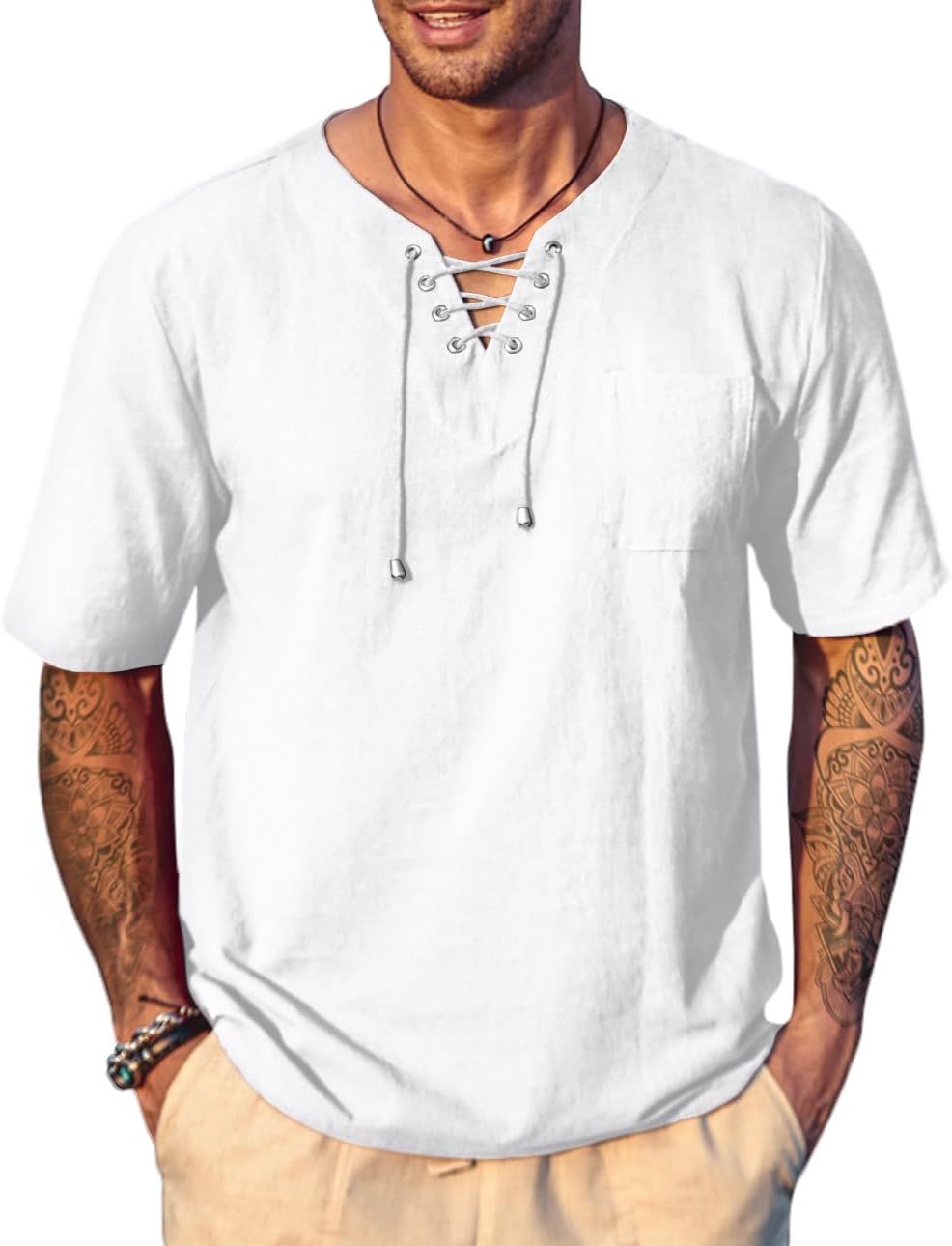 Men's Casual Cotton Linen Short Sleeve Beach Lace Up Hippie Shirt