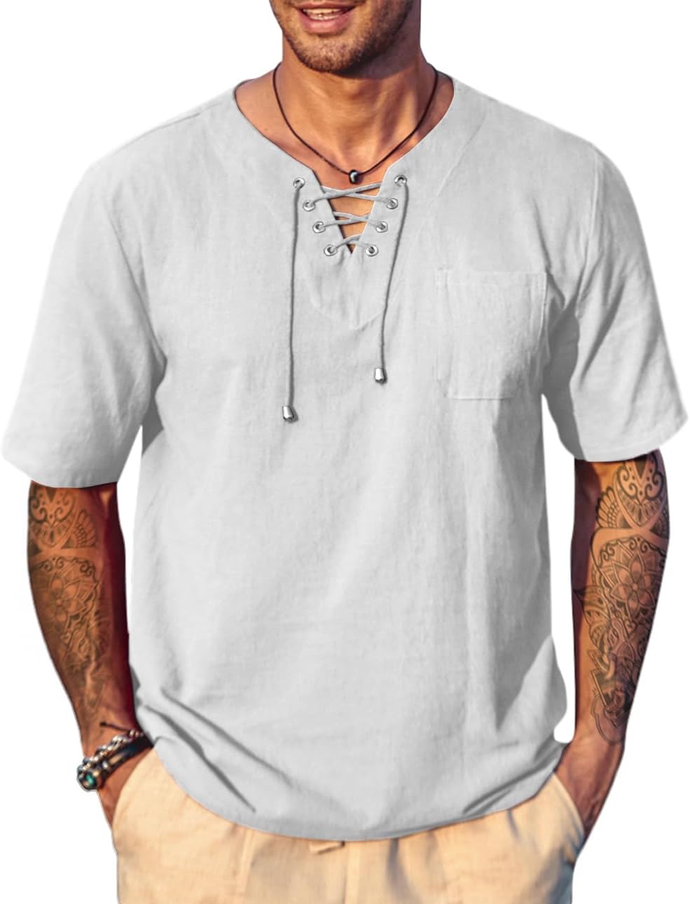 Men's Casual Cotton Linen Short Sleeve Beach Lace Up Hippie Shirt