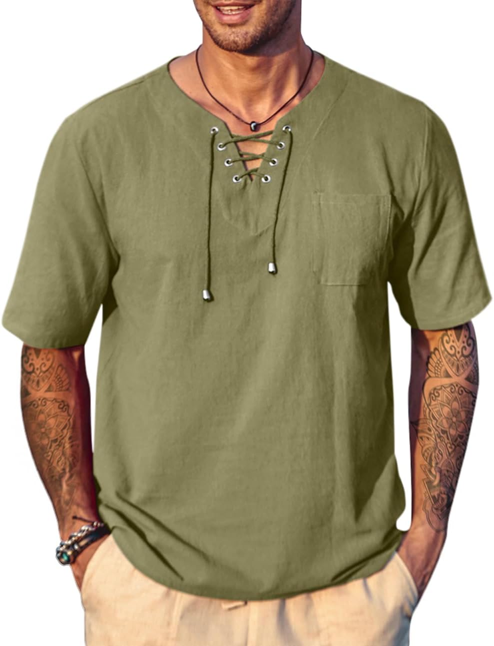 Men's Casual Cotton Linen Short Sleeve Beach Lace Up Hippie Shirt