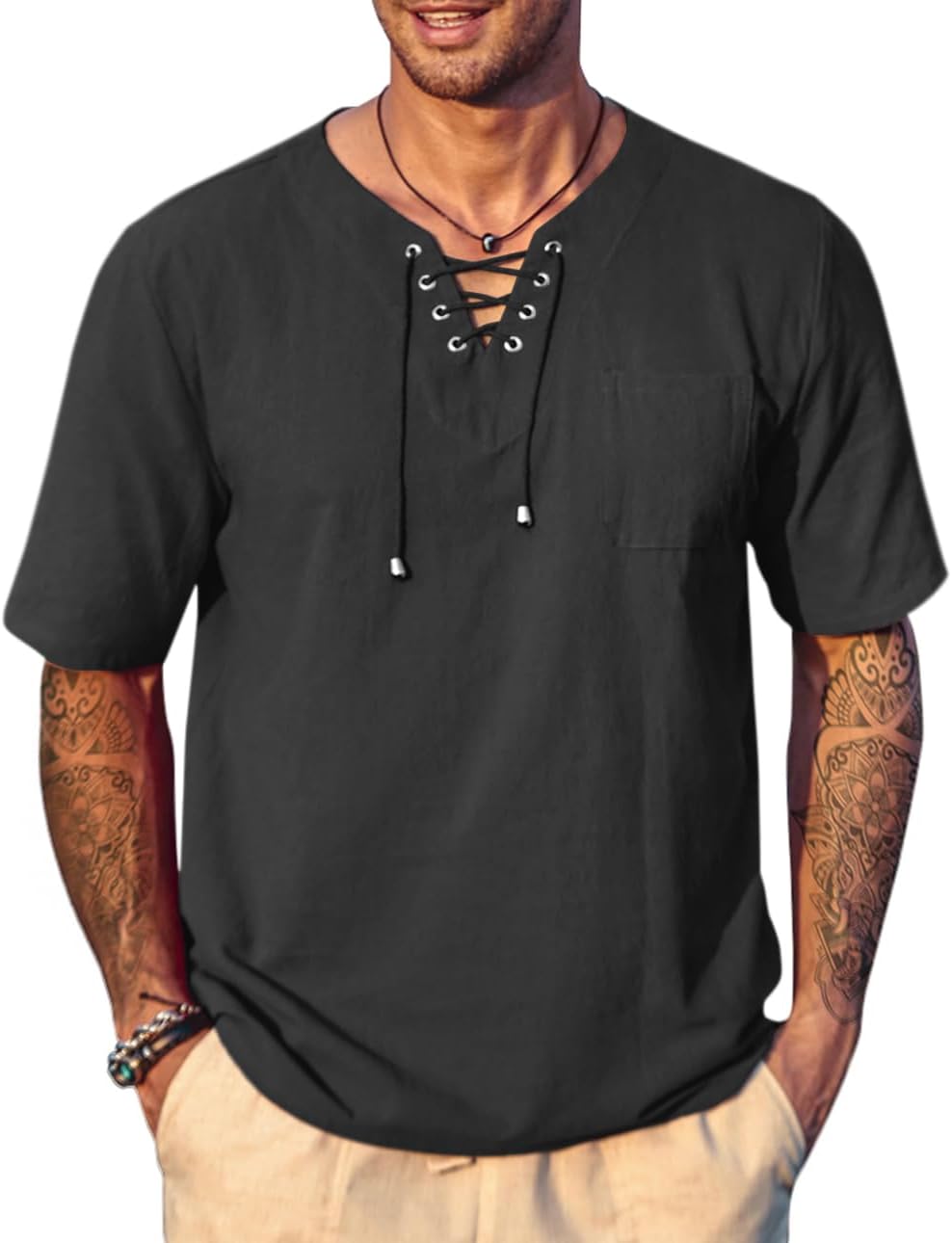 Men's Casual Cotton Linen Short Sleeve Beach Lace Up Hippie Shirt