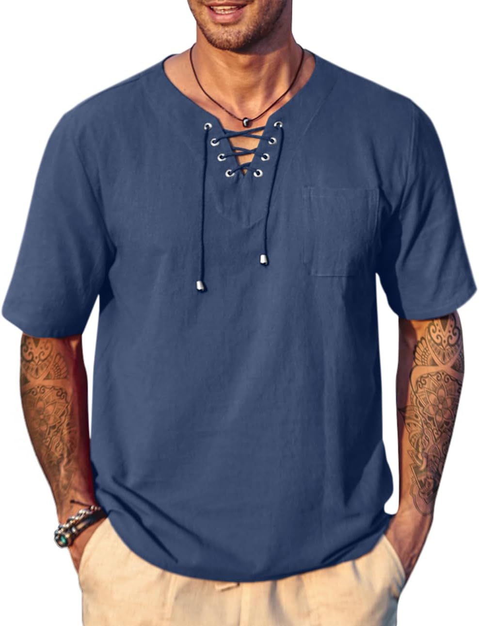 Men's Casual Cotton Linen Short Sleeve Beach Lace Up Hippie Shirt