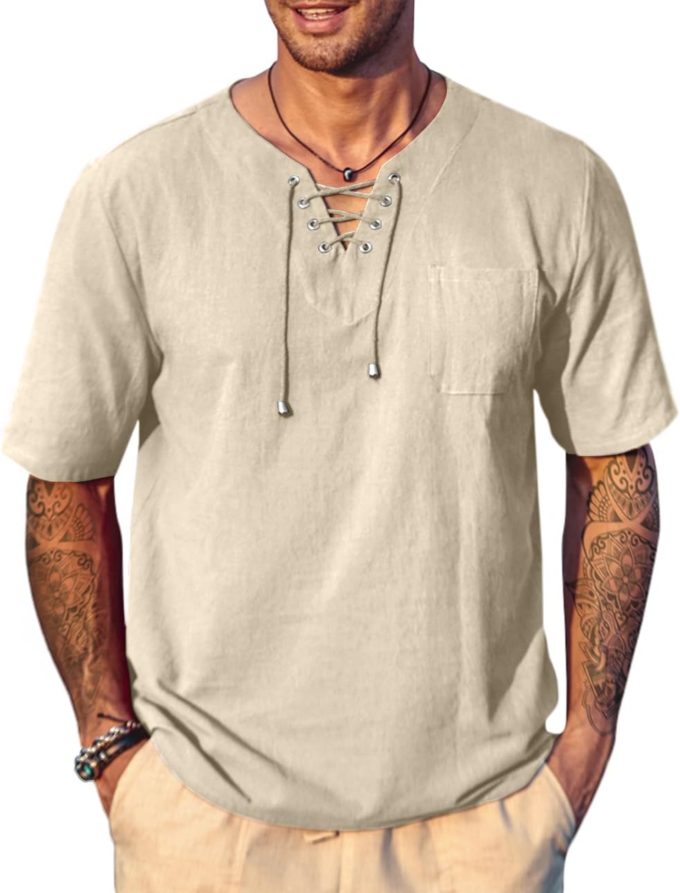 Men's Casual Cotton Linen Short Sleeve Beach Lace Up Hippie Shirt
