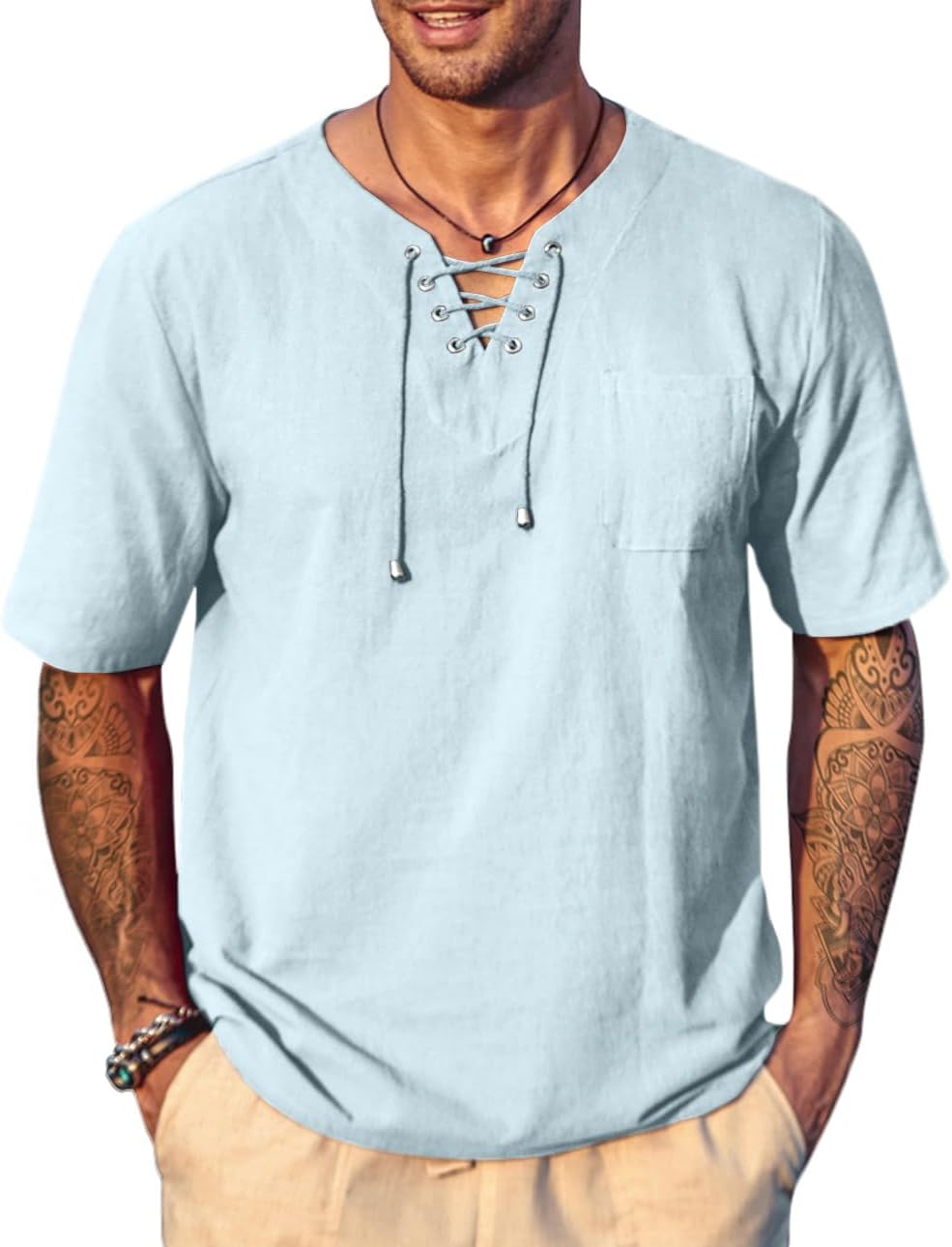 Men's Casual Cotton Linen Short Sleeve Beach Lace Up Hippie Shirt