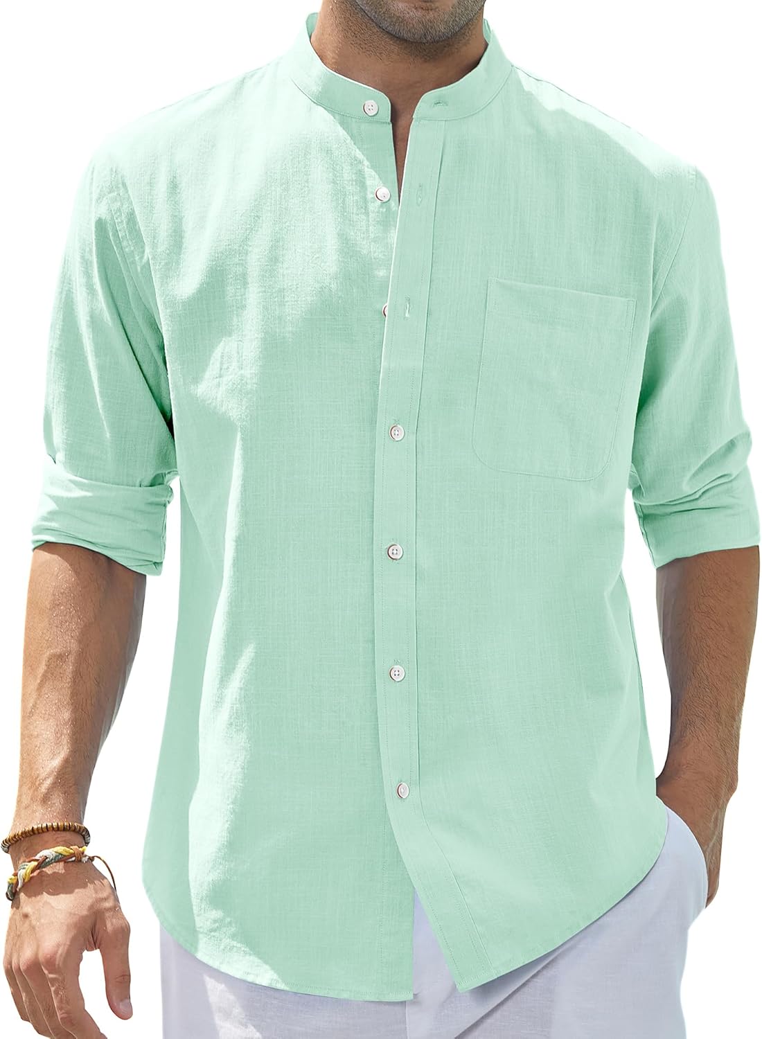 Men's Cotton Linen Long Sleeve Shirts Casual Button Down Banded Collar Shirt Beach Summer Tops with Pocket