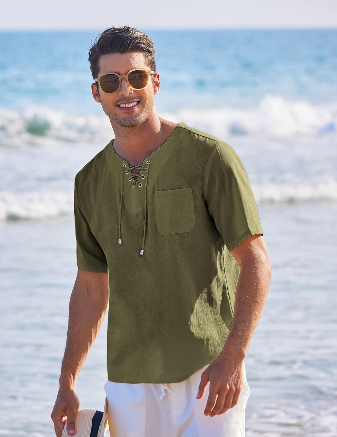 Men's Casual Cotton Linen Short Sleeve Beach Lace Up Hippie Shirt