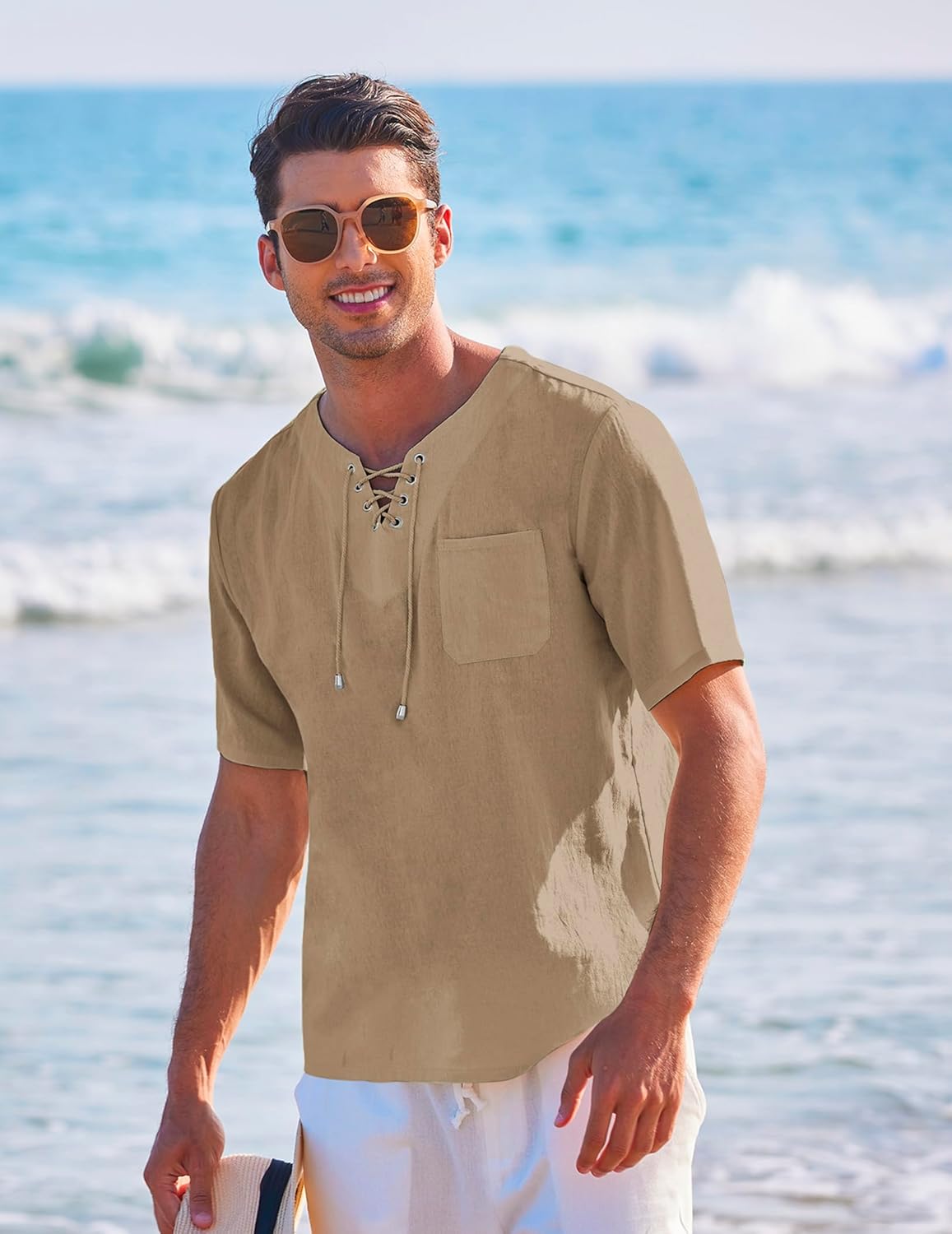 Men's Casual Cotton Linen Short Sleeve Beach Lace Up Hippie Shirt