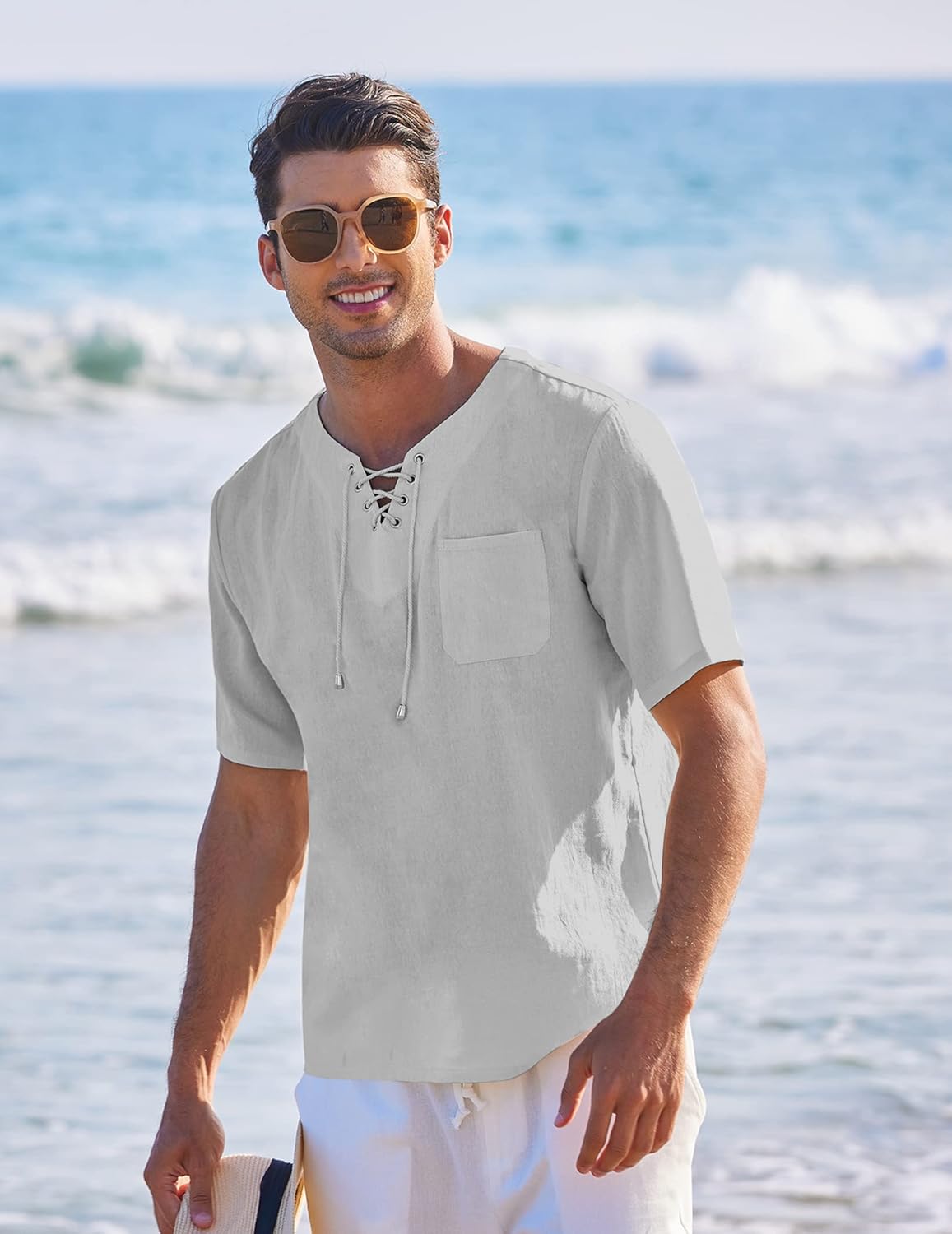 Men's Casual Cotton Linen Short Sleeve Beach Lace Up Hippie Shirt