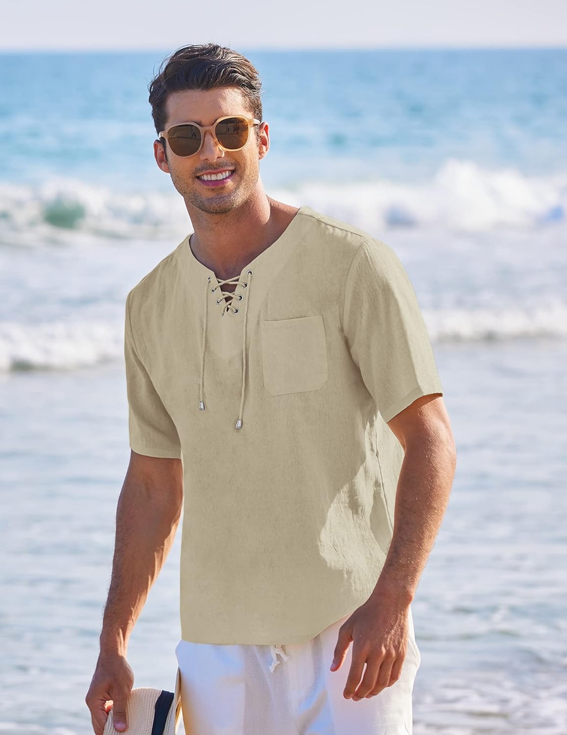 Men's Casual Cotton Linen Short Sleeve Beach Lace Up Hippie Shirt