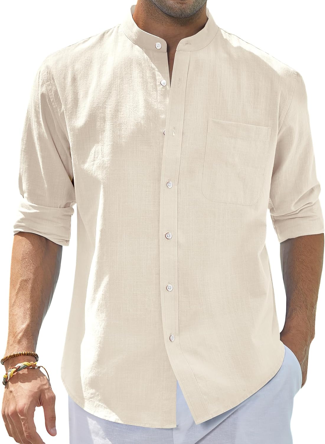 Men's Cotton Linen Long Sleeve Shirts Casual Button Down Banded Collar Shirt Beach Summer Tops with Pocket