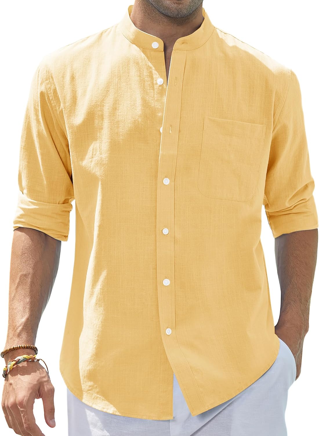 Men's Cotton Linen Long Sleeve Shirts Casual Button Down Banded Collar Shirt Beach Summer Tops with Pocket