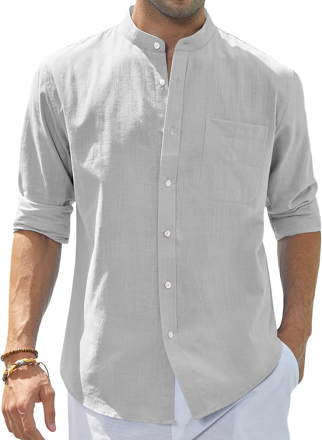 Men's Cotton Linen Long Sleeve Shirts Casual Button Down Banded Collar Shirt Beach Summer Tops with Pocket