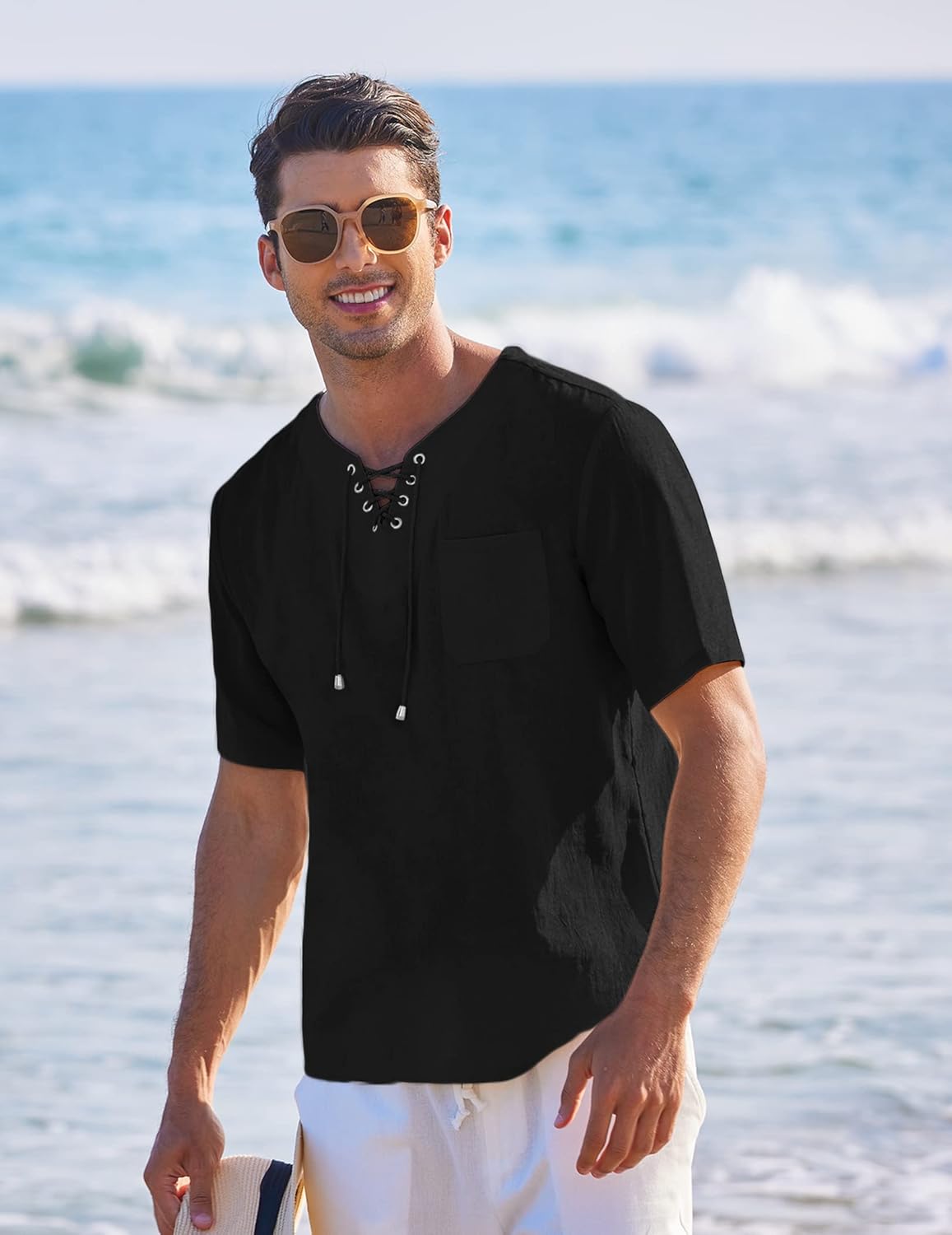 Men's Casual Cotton Linen Short Sleeve Beach Lace Up Hippie Shirt