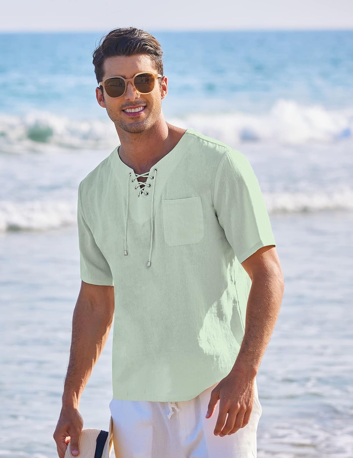 Men's Casual Cotton Linen Short Sleeve Beach Lace Up Hippie Shirt
