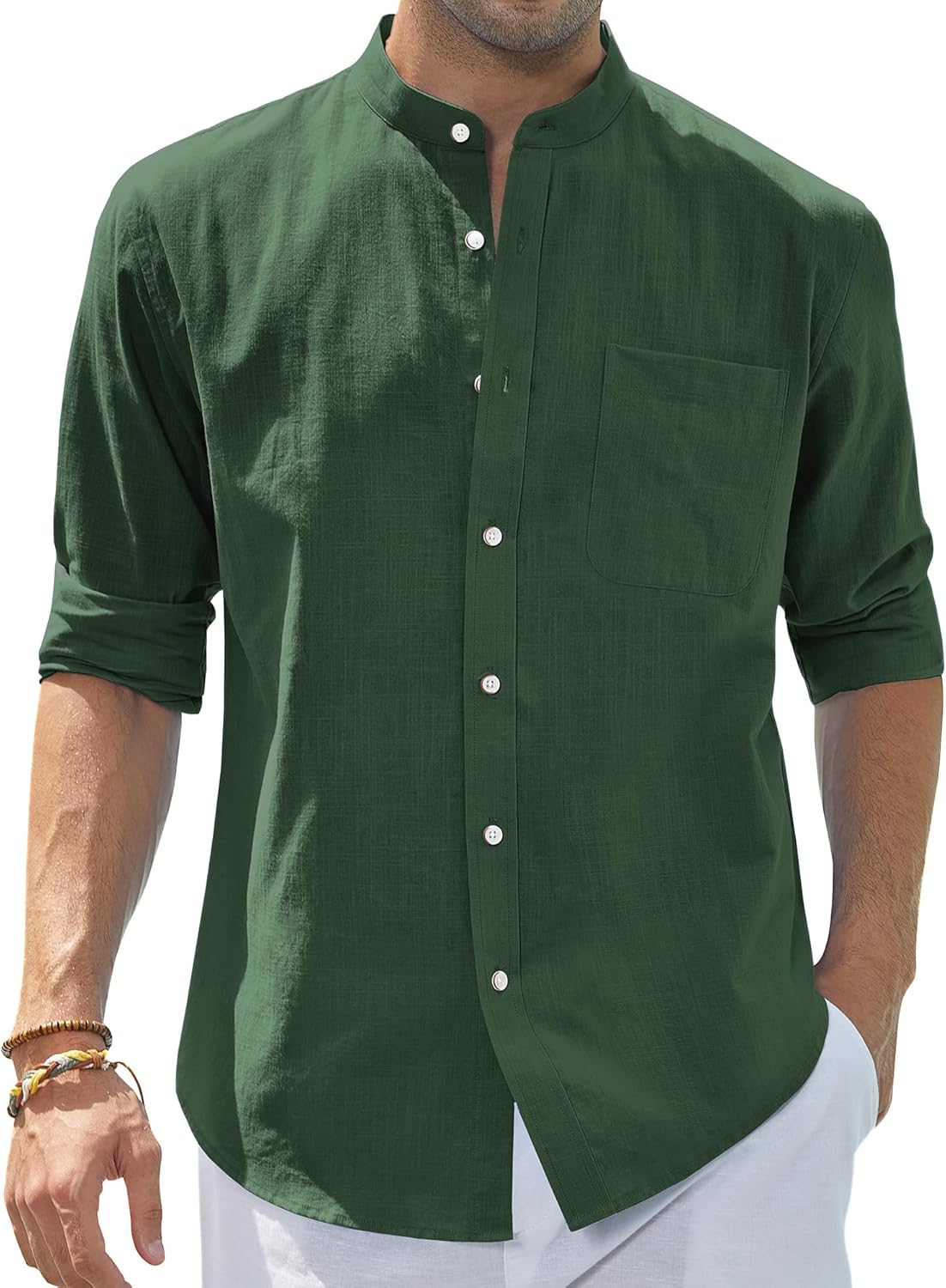 Men's Cotton Linen Long Sleeve Shirts Casual Button Down Banded Collar Shirt Beach Summer Tops with Pocket