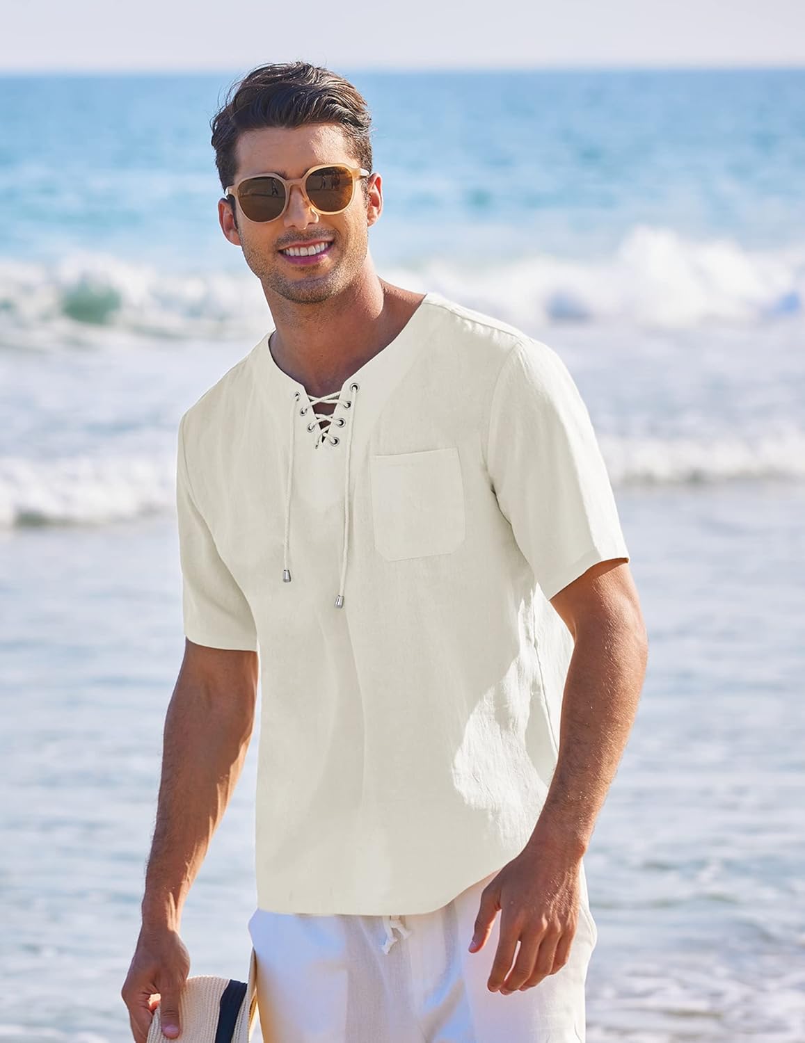 Men's Casual Cotton Linen Short Sleeve Beach Lace Up Hippie Shirt