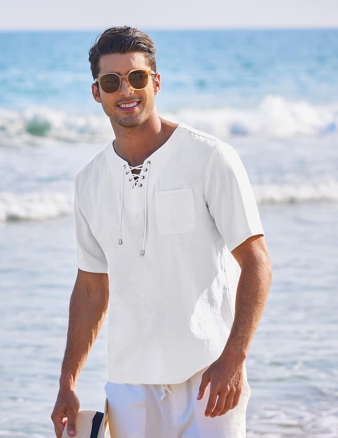 Men's Casual Cotton Linen Short Sleeve Beach Lace Up Hippie Shirt