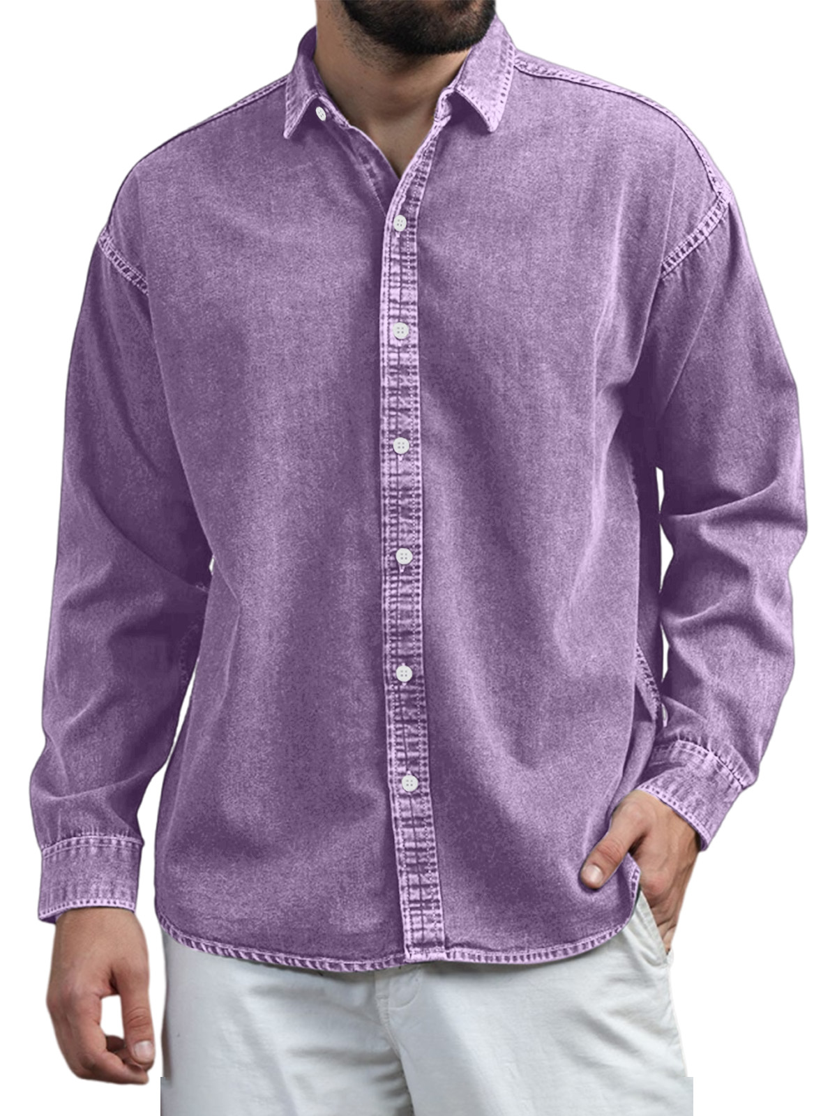 Mens Retro Casual Solid Color Lapel Long Sleeve Shirt