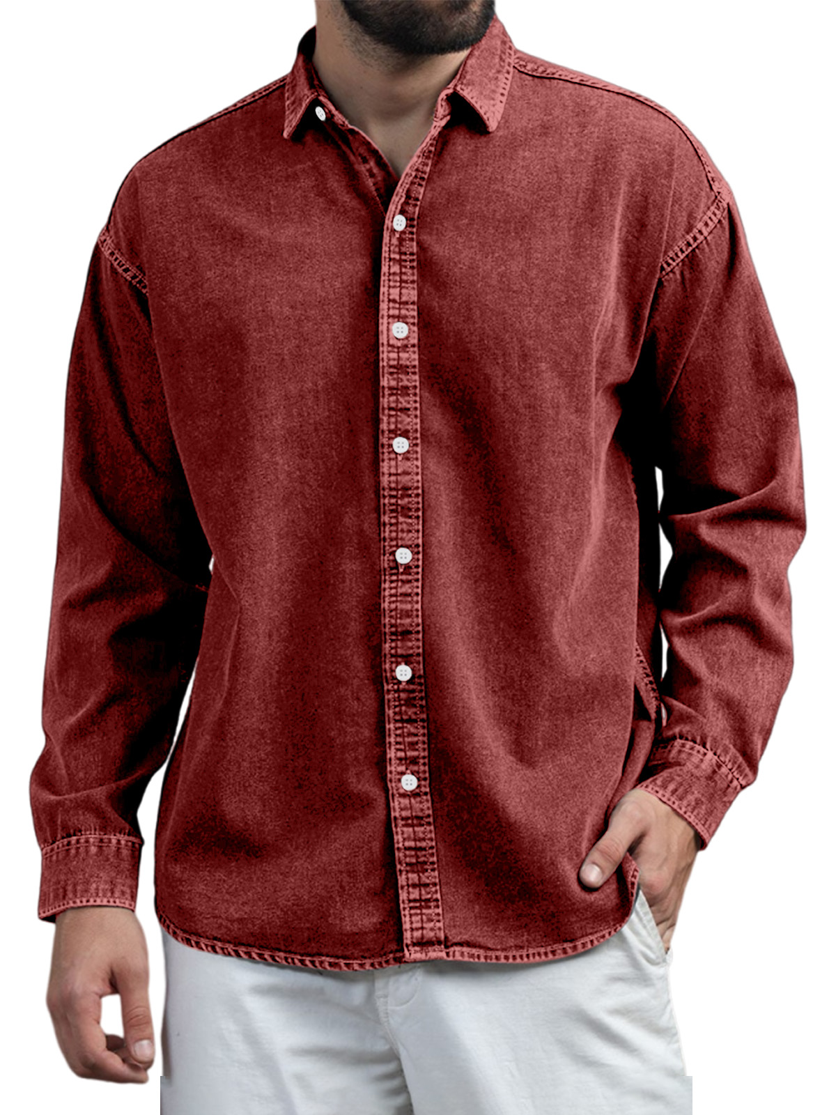 Mens Retro Casual Solid Color Lapel Long Sleeve Shirt