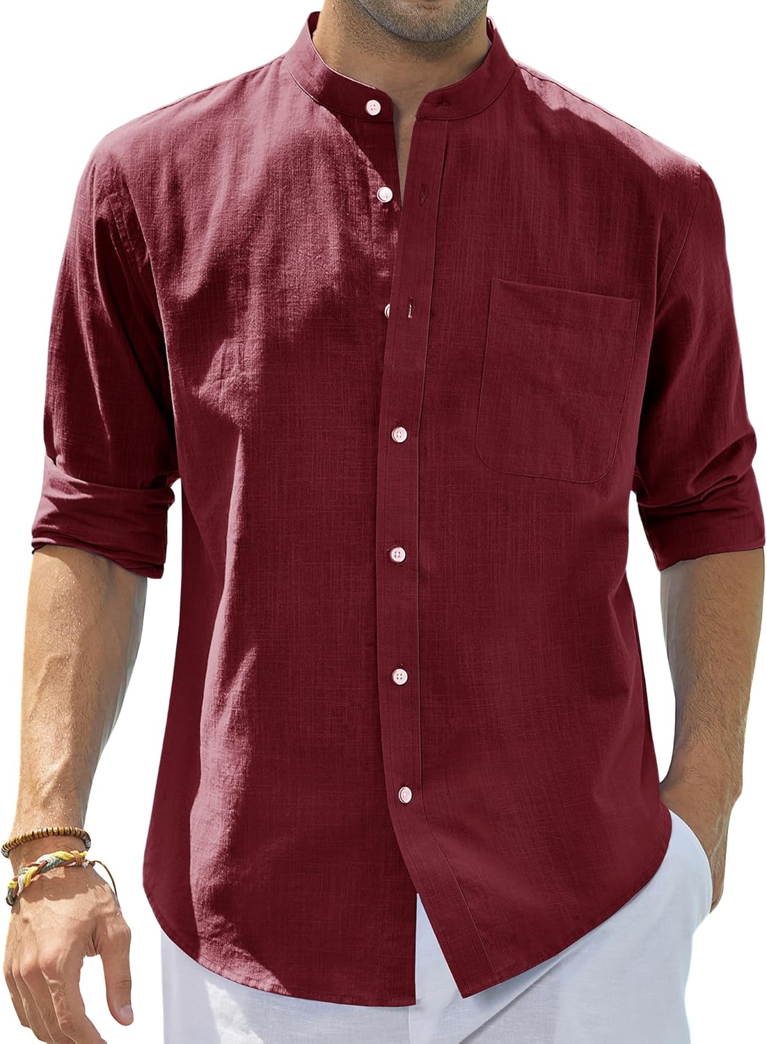 Men's Cotton Linen Long Sleeve Shirts Casual Button Down Banded Collar Shirt Beach Summer Tops with Pocket