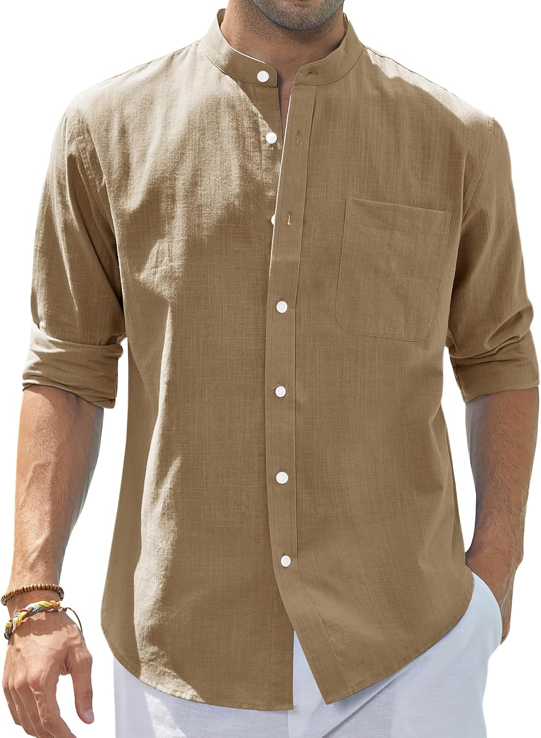 Men's Cotton Linen Long Sleeve Shirts Casual Button Down Banded Collar Shirt Beach Summer Tops with Pocket