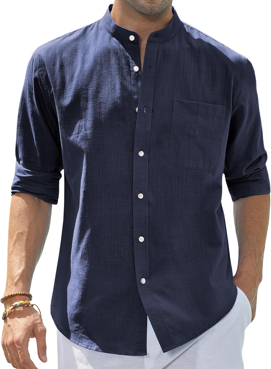 Men's Cotton Linen Long Sleeve Shirts Casual Button Down Banded Collar Shirt Beach Summer Tops with Pocket