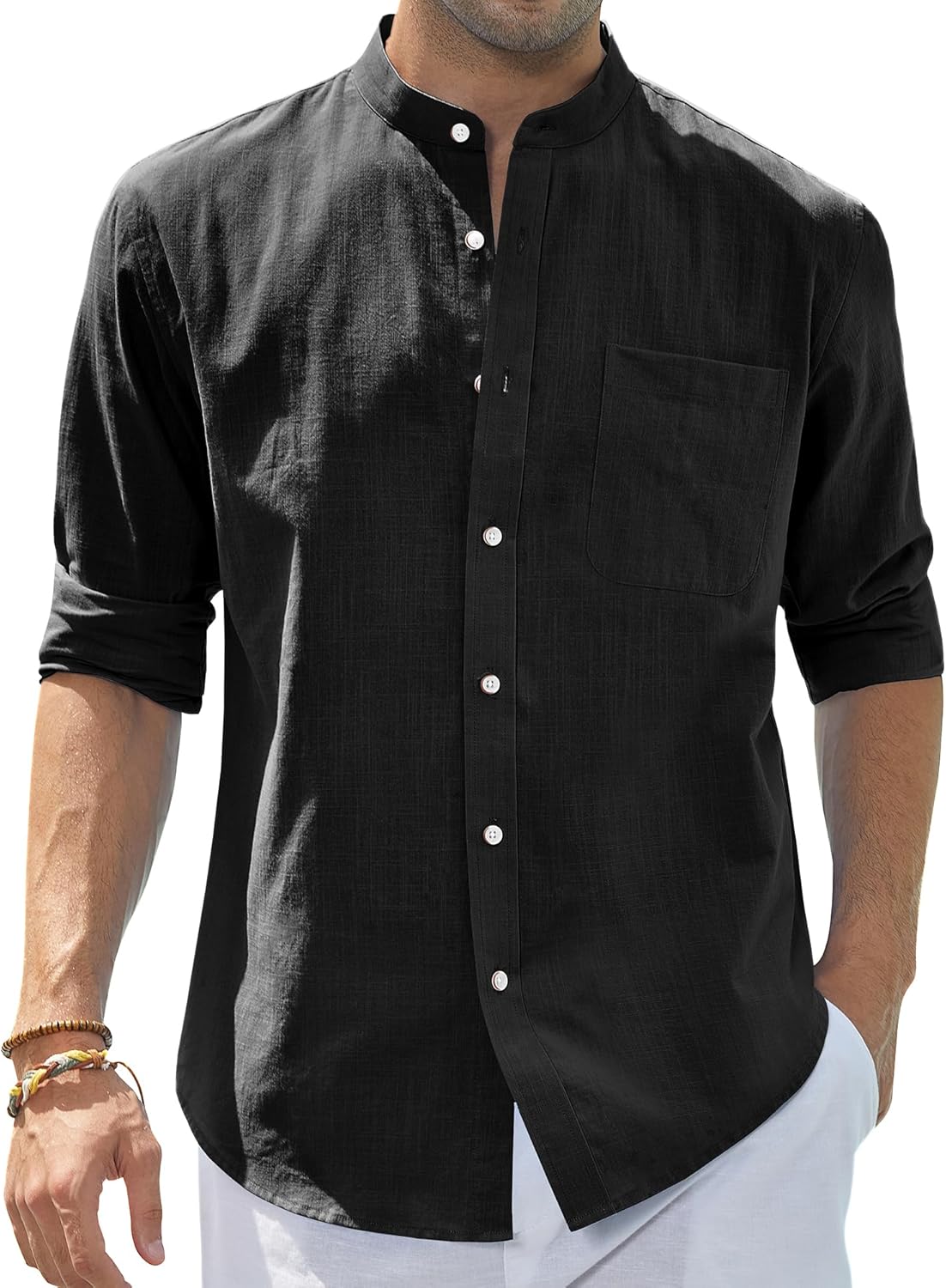 Men's Cotton Linen Long Sleeve Shirts Casual Button Down Banded Collar Shirt Beach Summer Tops with Pocket