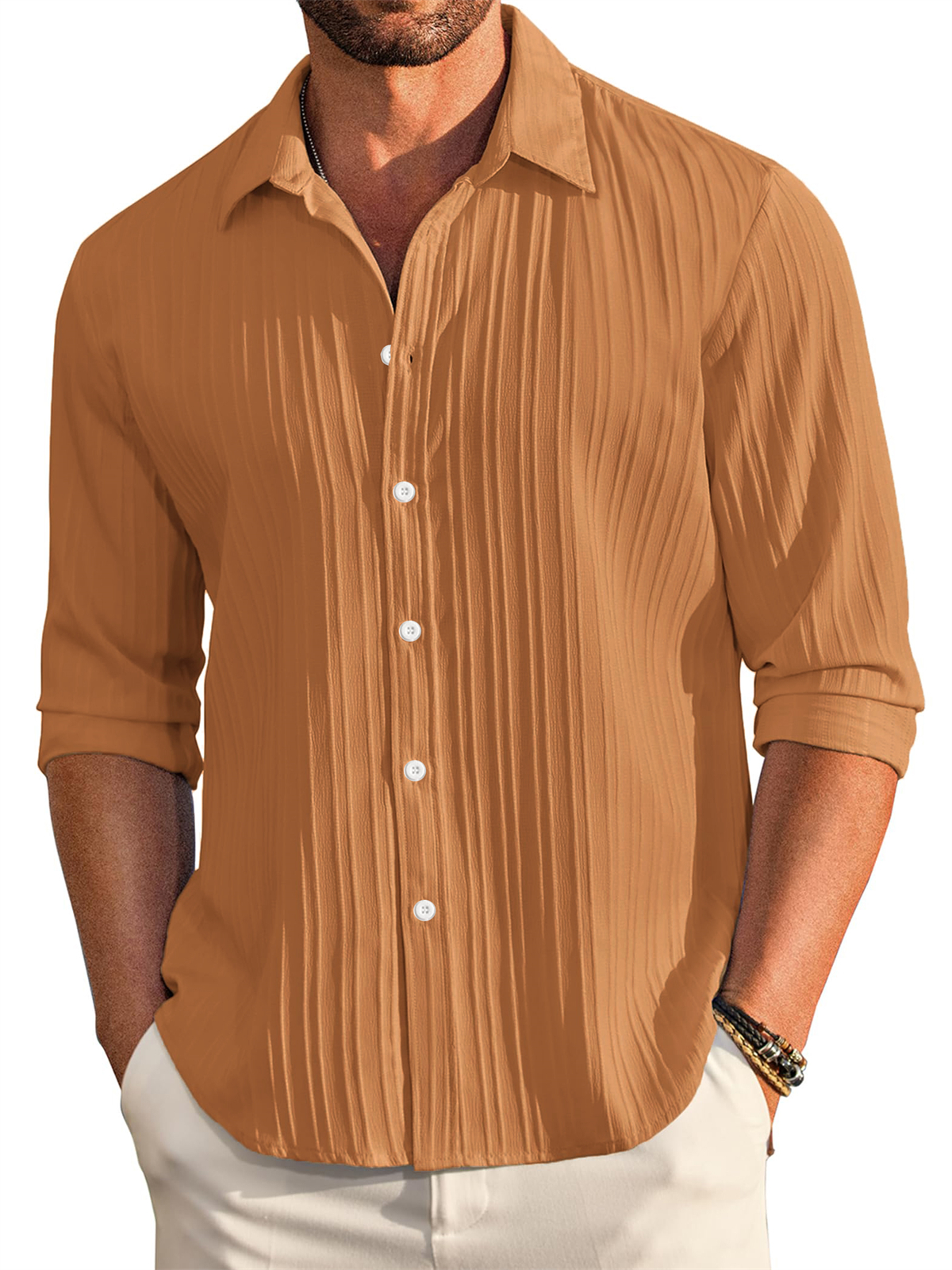 Men's Casual Comfortable Loose Textured Long Sleeve Shirt