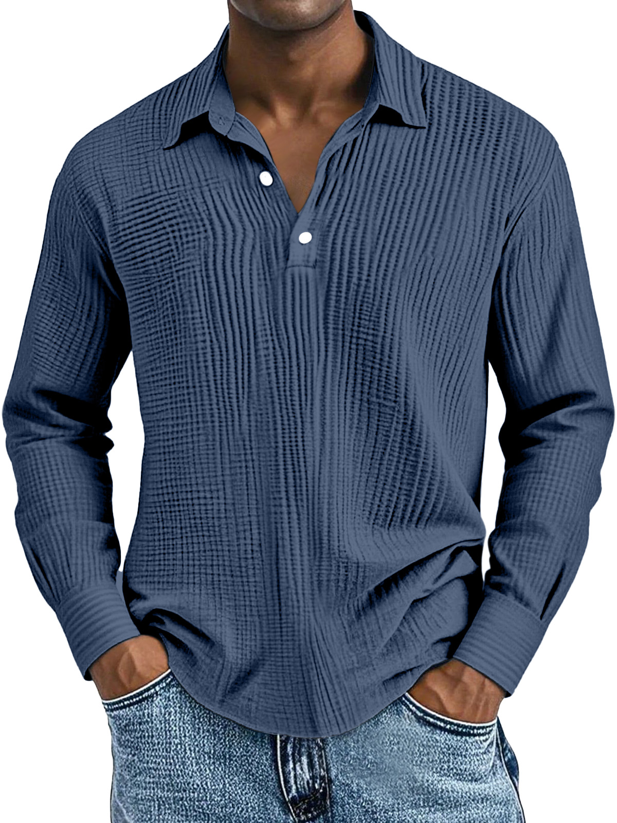 Men's Simple Solid Color Breathable Pleated Lapel Long-sleeved Polo Shirt