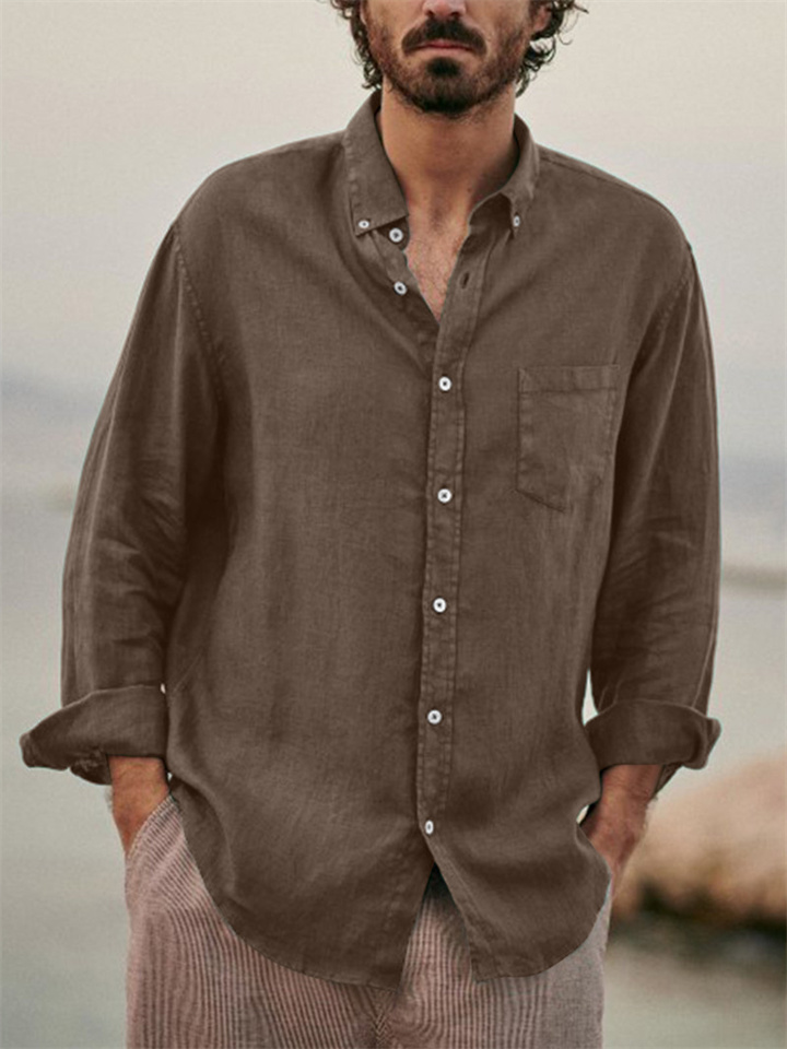 Men's Linen Shirt Shirt Summer Shirt Beach Shirt Black Brown Green Long Sleeve Solid Color Turndown Spring & Fall Outdoor Street Clothing Apparel Button-Down