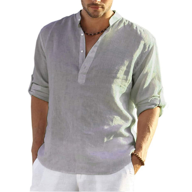 Men's casual loose stand collar cotton and linen long sleeve solid color shirt