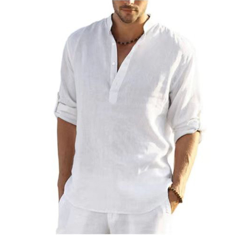 Men's casual loose stand collar cotton and linen long sleeve solid color shirt