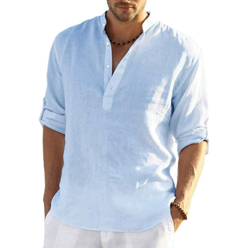 Men's casual loose stand collar cotton and linen long sleeve solid color shirt