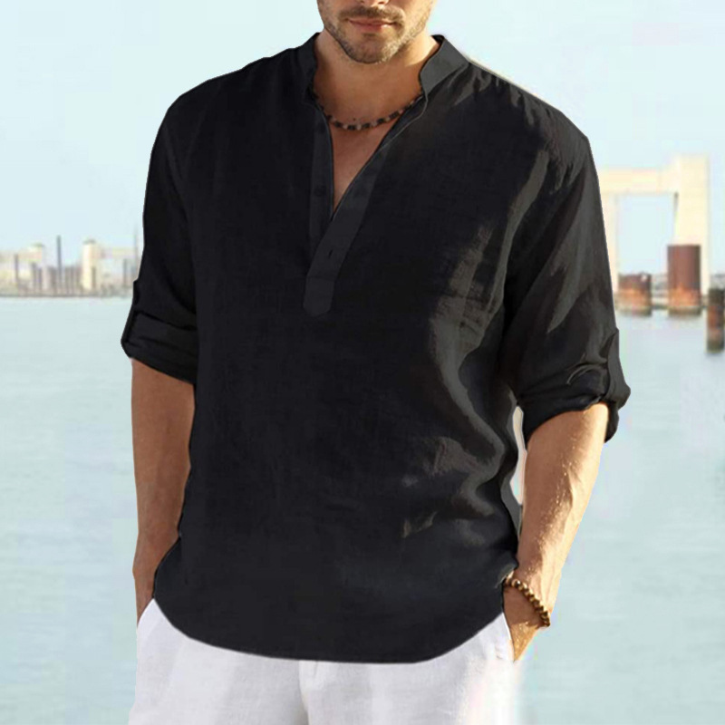 Men's casual loose stand collar cotton and linen long sleeve solid color shirt