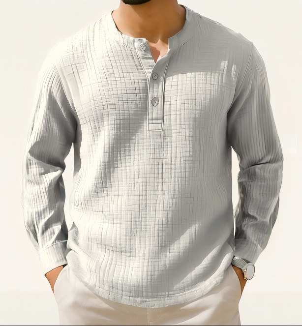2025 New Cotton and Linen Long Sleeve Shirt T-Shirt Round Neck Beach Shirt