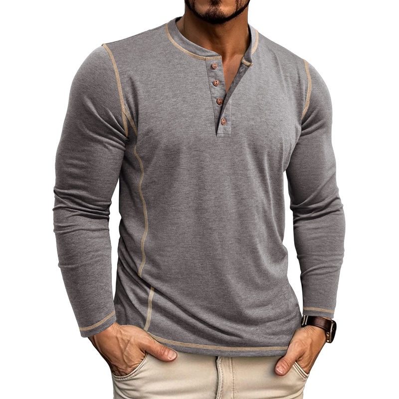 Men's Henley Four-Button Cotton Long-Sleeved Top