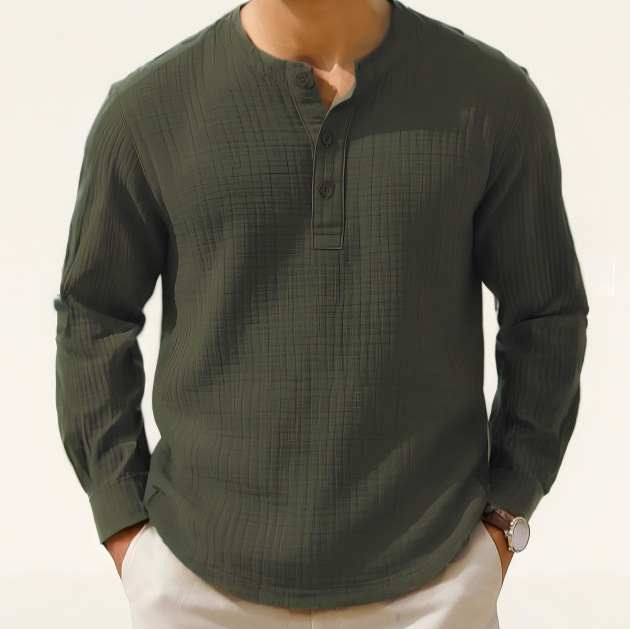 2025 New Cotton and Linen Long Sleeve Shirt T-Shirt Round Neck Beach Shirt
