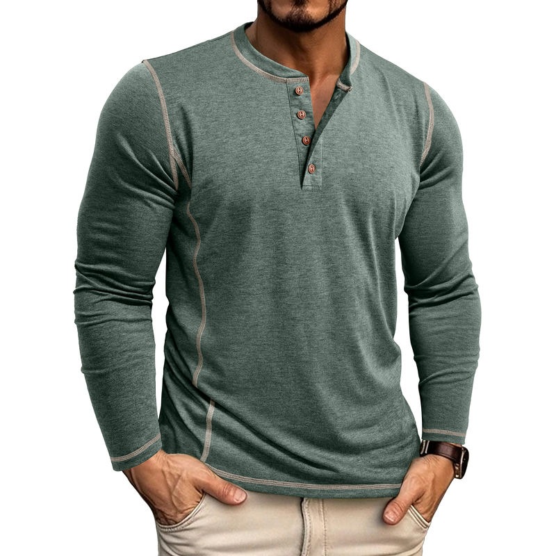 Men's Henley Four-Button Cotton Long-Sleeved Top