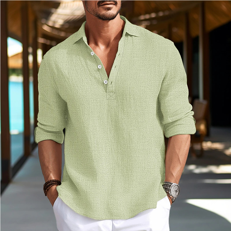 Men's solid color casual fashion lapel shirt cotton and linen top