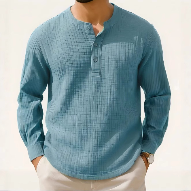 2025 New Cotton and Linen Long Sleeve Shirt T-Shirt Round Neck Beach Shirt